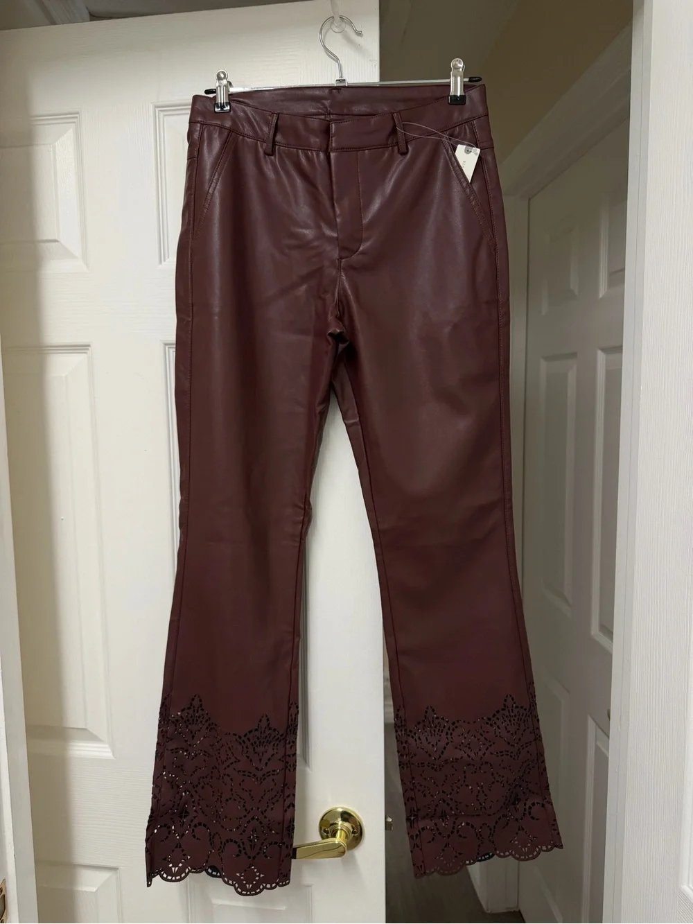 NWT By Anthropologie Faux Leather Slim Flare Pants Chocolate Size 8 - Picture 6 of 16